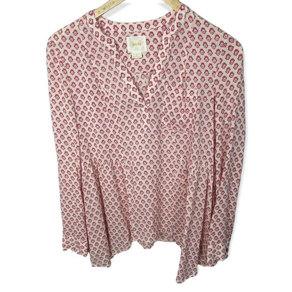Anthropologie Maeve Laiken Henley Motif Oversized Blouse Pink Rayon Size 0 Boho - Picture 2 of 10